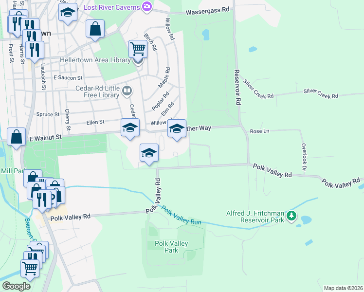 map of restaurants, bars, coffee shops, grocery stores, and more near 2100 Polk Valley Road in Hellertown