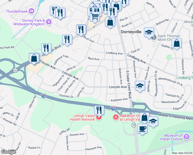 map of restaurants, bars, coffee shops, grocery stores, and more near 1111 Edward Avenue in Allentown