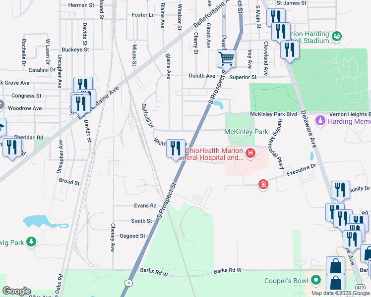 map of restaurants, bars, coffee shops, grocery stores, and more near 941 South Prospect Street in Marion