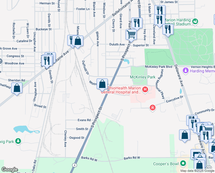 map of restaurants, bars, coffee shops, grocery stores, and more near 941 South Prospect Street in Marion