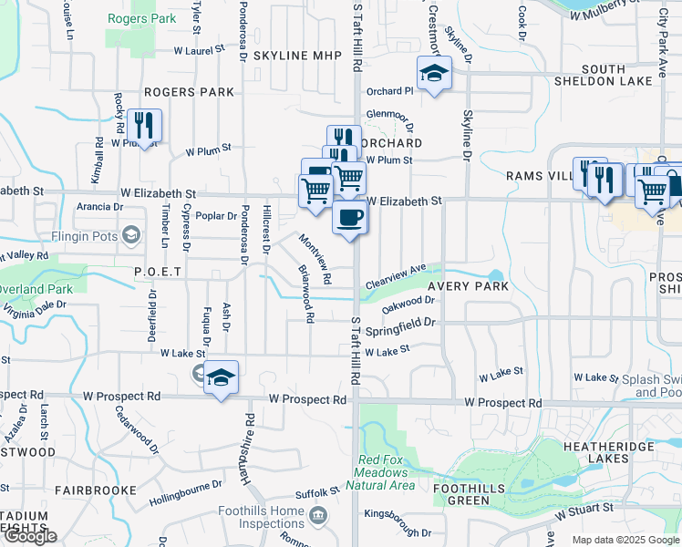 map of restaurants, bars, coffee shops, grocery stores, and more near 1125 South Taft Hill Road in Fort Collins