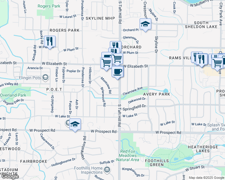 map of restaurants, bars, coffee shops, grocery stores, and more near 1125 South Taft Hill Road in Fort Collins