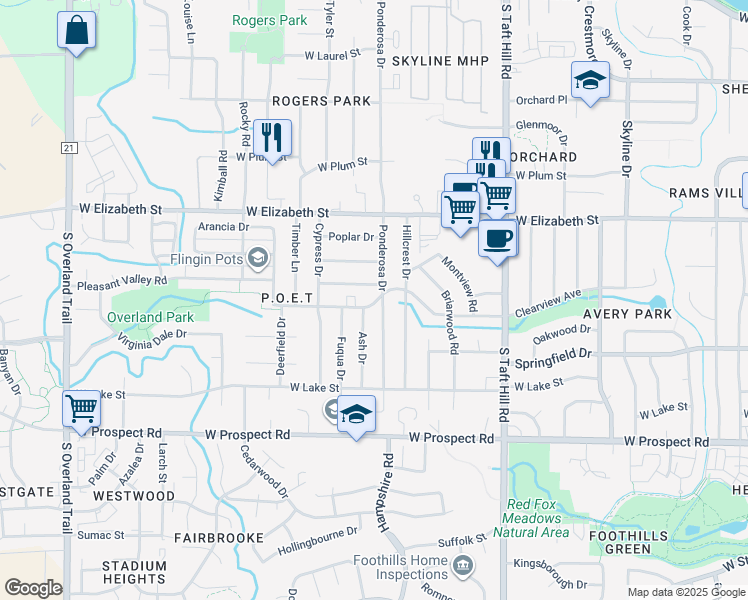 map of restaurants, bars, coffee shops, grocery stores, and more near 1102 Ponderosa Drive in Fort Collins