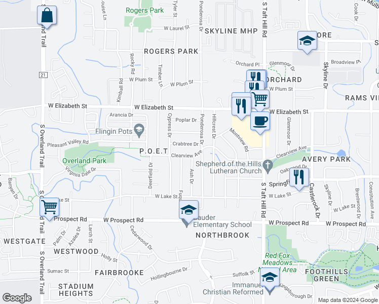 map of restaurants, bars, coffee shops, grocery stores, and more near 2412 Clearview Avenue in Fort Collins