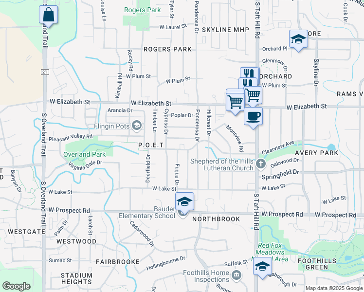 map of restaurants, bars, coffee shops, grocery stores, and more near 2412 Clearview Avenue in Fort Collins