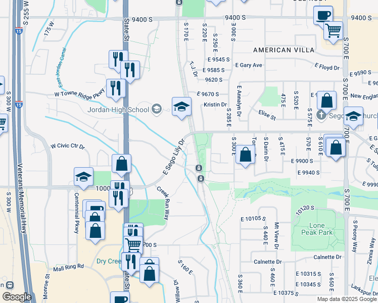 map of restaurants, bars, coffee shops, grocery stores, and more near 234 East Sego Lily Drive in Sandy
