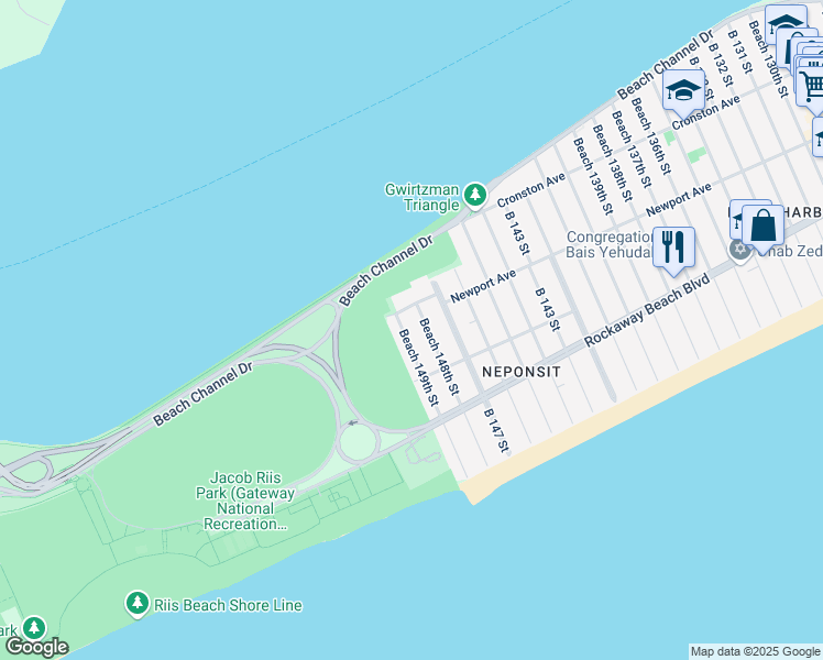 map of restaurants, bars, coffee shops, grocery stores, and more near 3-57 Beach 149th Street in Queens