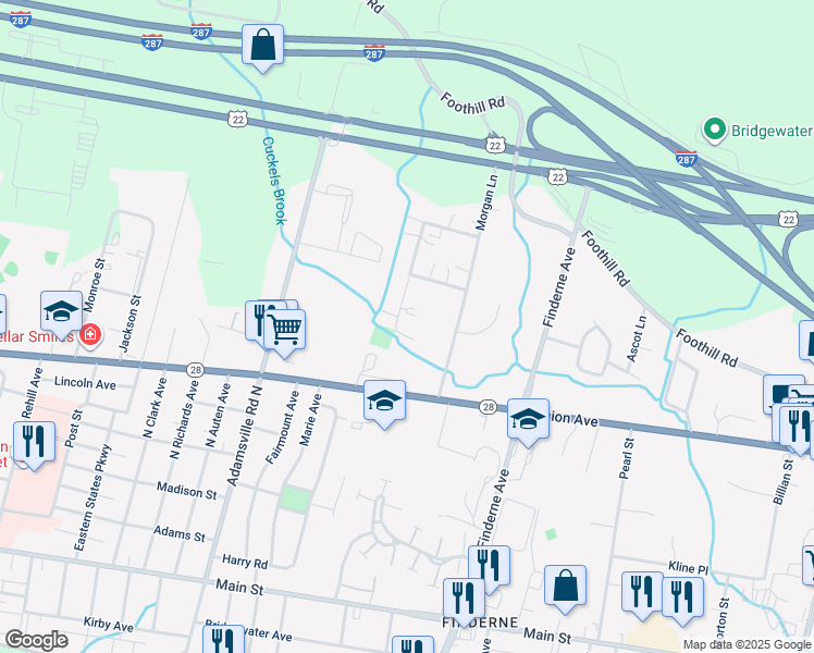 map of restaurants, bars, coffee shops, grocery stores, and more near 18 Dartmouth Avenue in Bridgewater Township