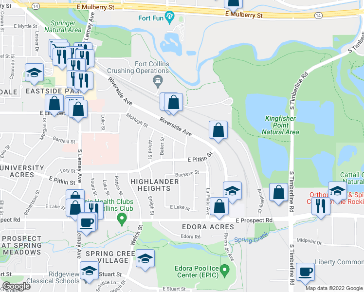 map of restaurants, bars, coffee shops, grocery stores, and more near 1201 Montgomery Street in Fort Collins