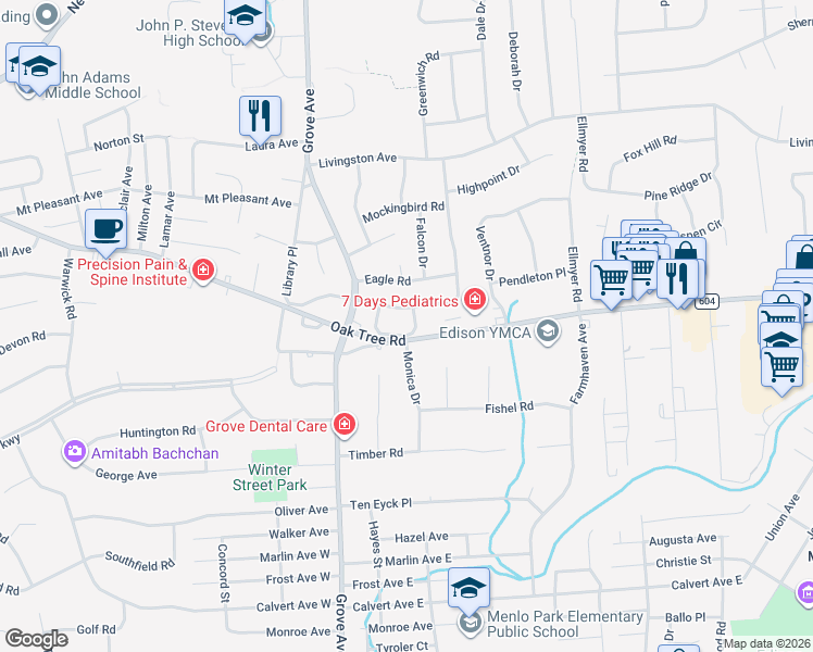 map of restaurants, bars, coffee shops, grocery stores, and more near 10 Wren Court in Edison