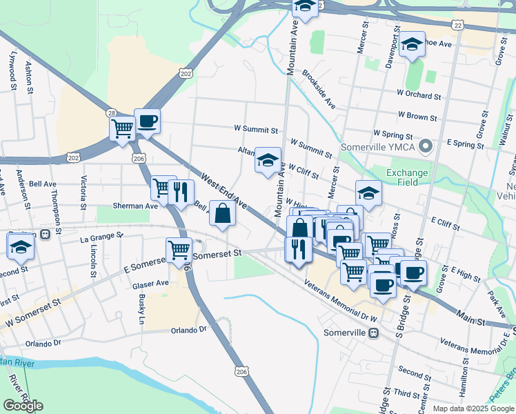map of restaurants, bars, coffee shops, grocery stores, and more near 80 West End Avenue in Somerville