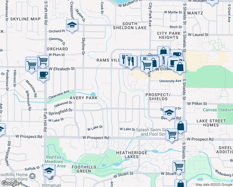 map of restaurants, bars, coffee shops, grocery stores, and more near 1209 South Bryan Avenue in Fort Collins