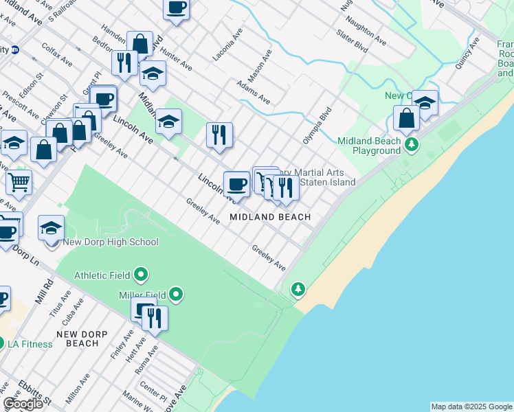 map of restaurants, bars, coffee shops, grocery stores, and more near 1099B Olympia Boulevard in Staten Island