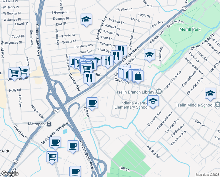 map of restaurants, bars, coffee shops, grocery stores, and more near 17 Berkley Boulevard in Woodbridge Township