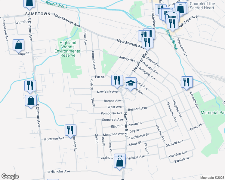 map of restaurants, bars, coffee shops, grocery stores, and more near 114 New York Avenue in South Plainfield