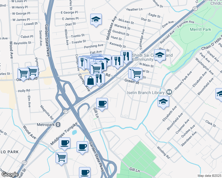 map of restaurants, bars, coffee shops, grocery stores, and more near 257 Middlesex Essex Turnpike in Woodbridge Township