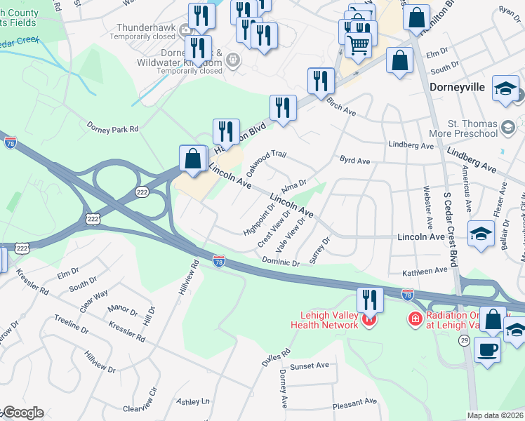 map of restaurants, bars, coffee shops, grocery stores, and more near 3821 Highpoint Drive in Allentown