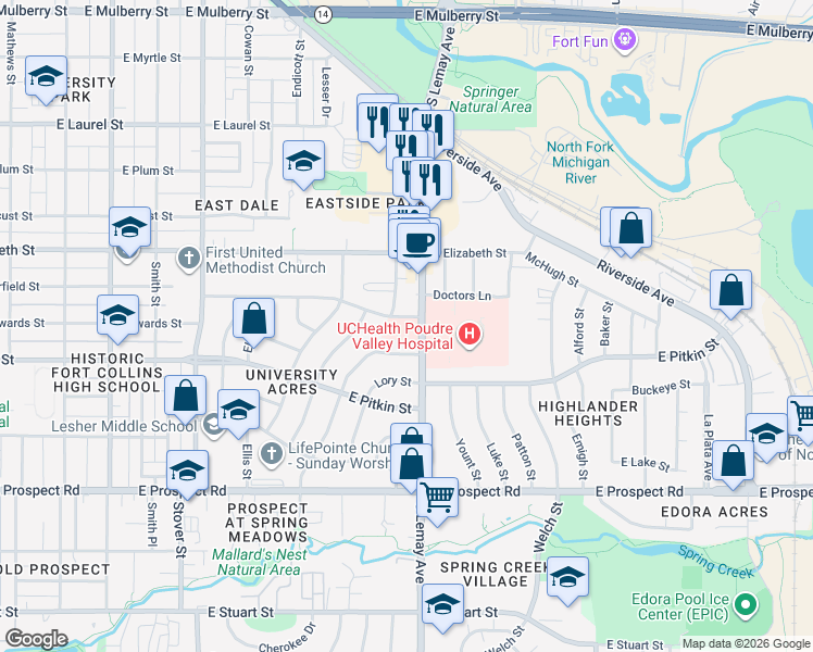 map of restaurants, bars, coffee shops, grocery stores, and more near 1107 South Lemay Avenue in Fort Collins