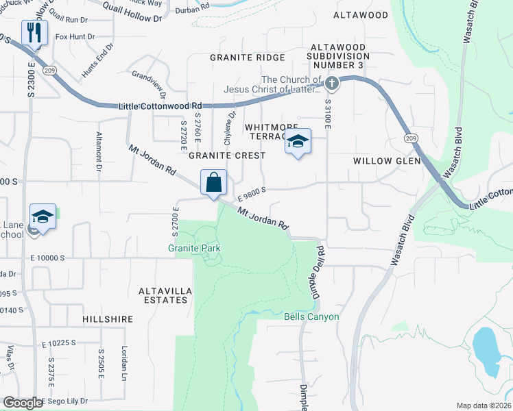 map of restaurants, bars, coffee shops, grocery stores, and more near 9851 South 2900 East in Sandy