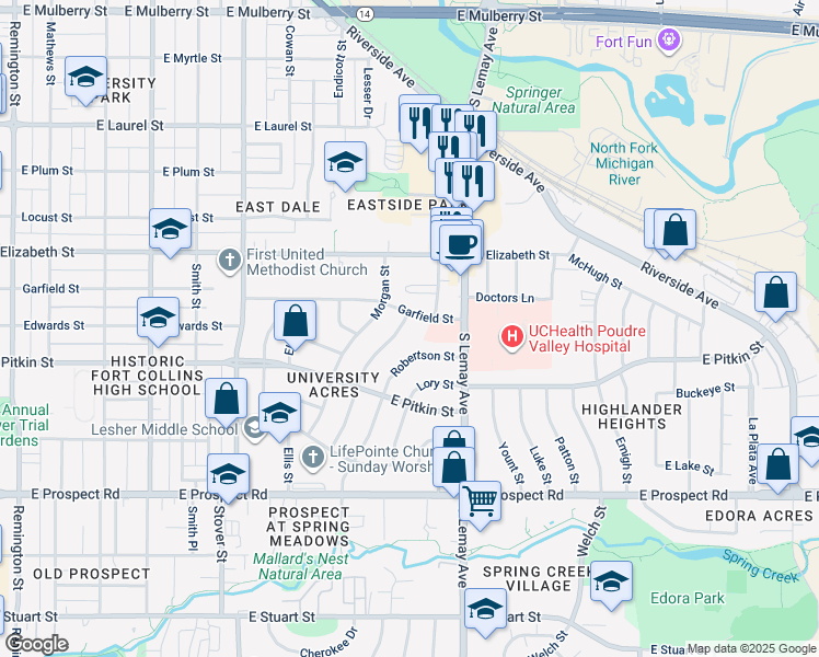 map of restaurants, bars, coffee shops, grocery stores, and more near 1104 Green Street in Fort Collins