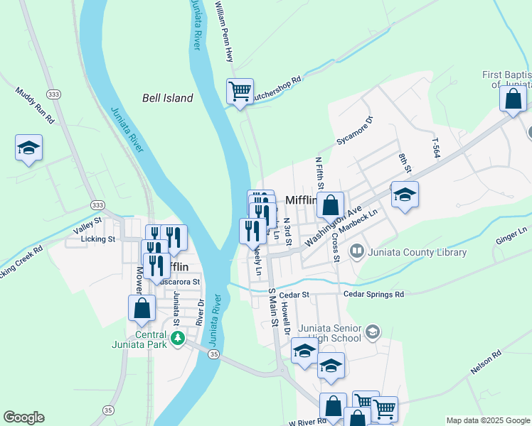 map of restaurants, bars, coffee shops, grocery stores, and more near 117 William Penn Highway in Mifflintown