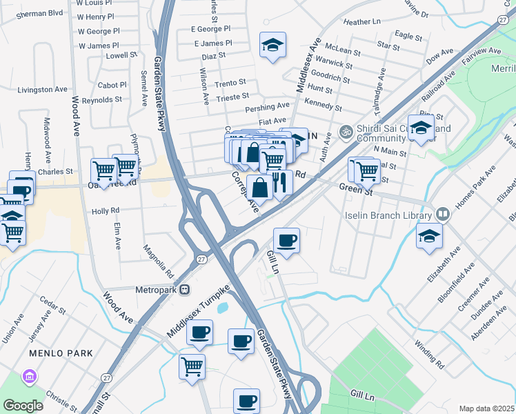 map of restaurants, bars, coffee shops, grocery stores, and more near 22 Correja Avenue in Woodbridge Township