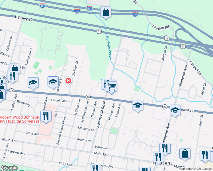 map of restaurants, bars, coffee shops, grocery stores, and more near 163 Adamsville Road North in Bridgewater Township