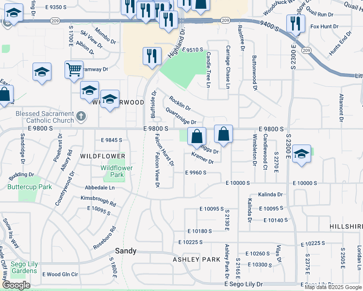 map of restaurants, bars, coffee shops, grocery stores, and more near 9866 Solomon Circle in Sandy