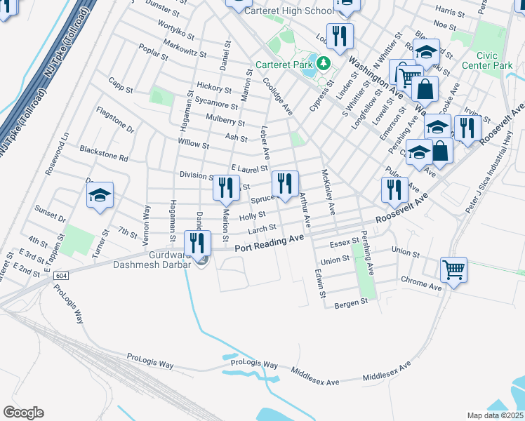 map of restaurants, bars, coffee shops, grocery stores, and more near 157 Holly Street in Woodbridge Township