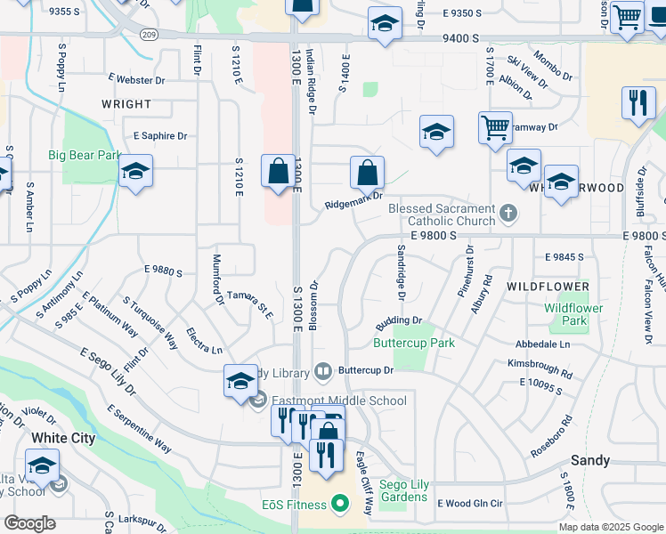 map of restaurants, bars, coffee shops, grocery stores, and more near 9872 Blossom Drive in Sandy