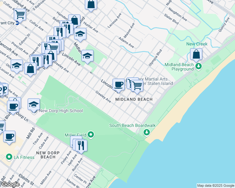 map of restaurants, bars, coffee shops, grocery stores, and more near 542 Lincoln Avenue in Staten Island