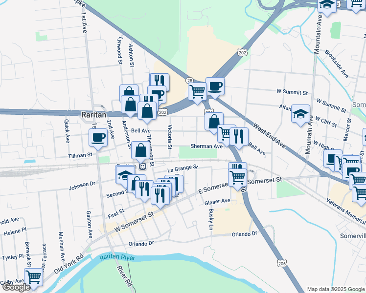 map of restaurants, bars, coffee shops, grocery stores, and more near 245 Sherman Avenue in Raritan