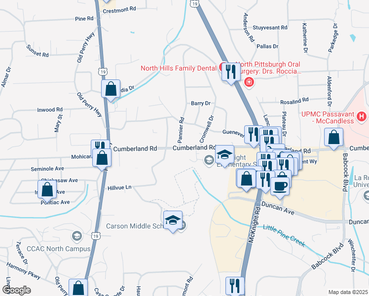 map of restaurants, bars, coffee shops, grocery stores, and more near 425 Cumberland Road in Pittsburgh