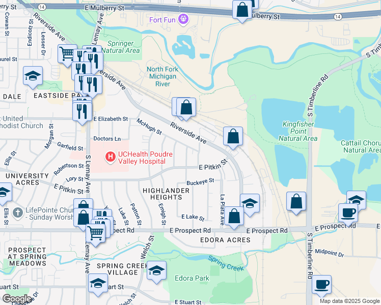 map of restaurants, bars, coffee shops, grocery stores, and more near 1100 Hays Street in Fort Collins