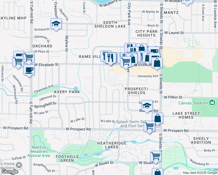 map of restaurants, bars, coffee shops, grocery stores, and more near 1212 Southridge Drive in Fort Collins