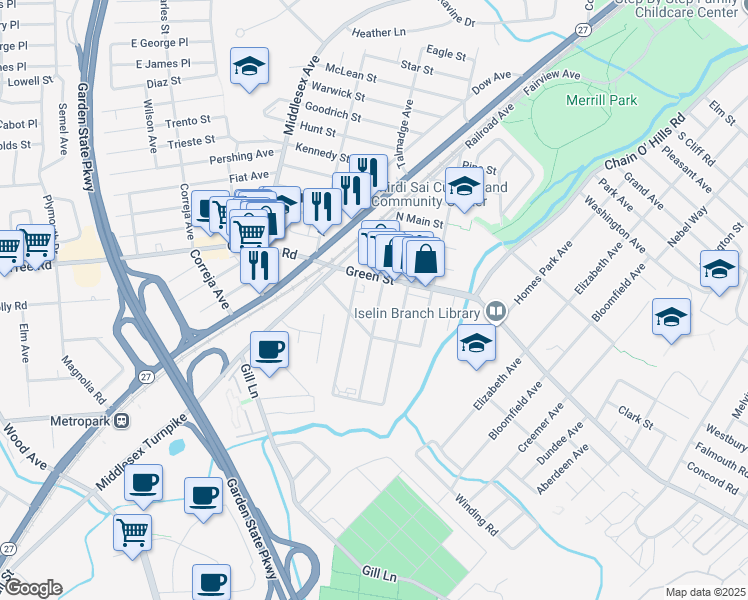 map of restaurants, bars, coffee shops, grocery stores, and more near 191 Ridgeley Avenue in Woodbridge Township