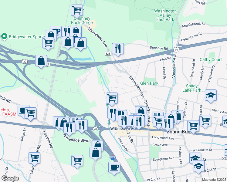 map of restaurants, bars, coffee shops, grocery stores, and more near 710 Tea Street in Bound Brook