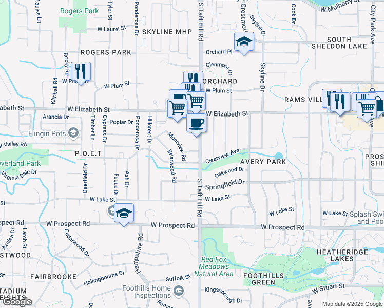 map of restaurants, bars, coffee shops, grocery stores, and more near 1125 South Taft Hill Road in Fort Collins