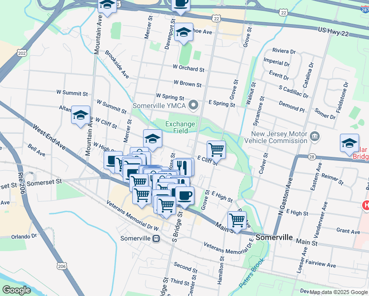 map of restaurants, bars, coffee shops, grocery stores, and more near 20 West Cliff Street in Somerville