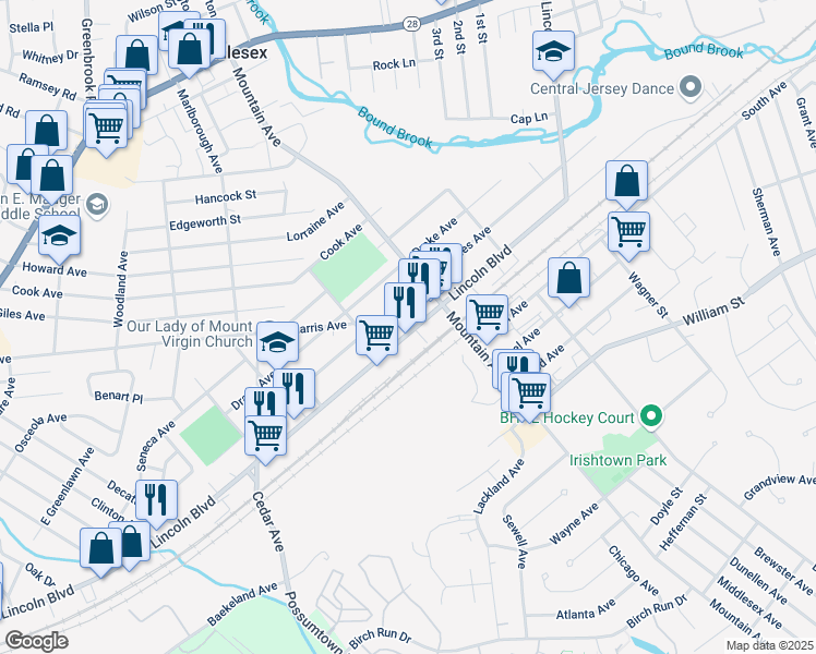 map of restaurants, bars, coffee shops, grocery stores, and more near 623 Lincoln Boulevard in Middlesex