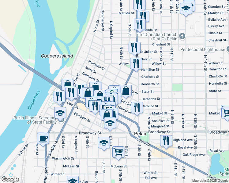 map of restaurants, bars, coffee shops, grocery stores, and more near 416 Catherine Street in Pekin