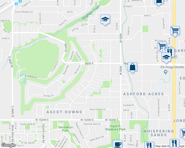 map of restaurants, bars, coffee shops, grocery stores, and more near 9870 Yorkshire Drive in South Jordan