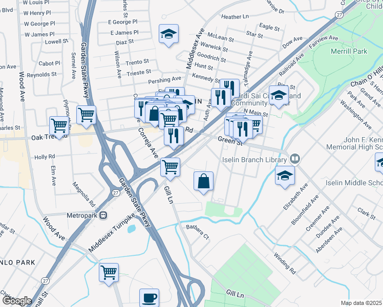 map of restaurants, bars, coffee shops, grocery stores, and more near 266 Middlesex Turnpike in Woodbridge Township