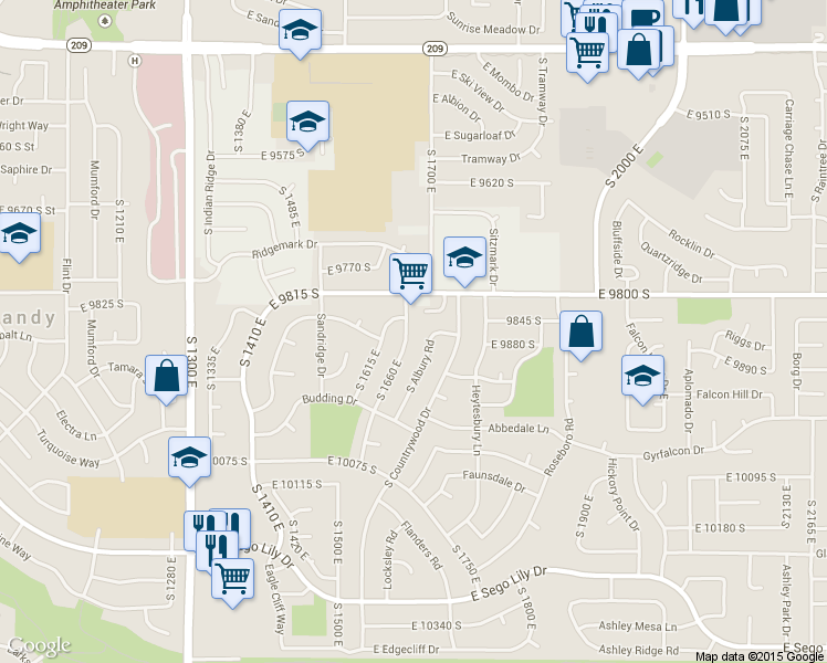 map of restaurants, bars, coffee shops, grocery stores, and more near 9863 Pinehurst Dr in Sandy