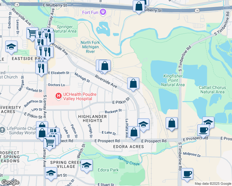 map of restaurants, bars, coffee shops, grocery stores, and more near 1144 Montgomery Street in Fort Collins