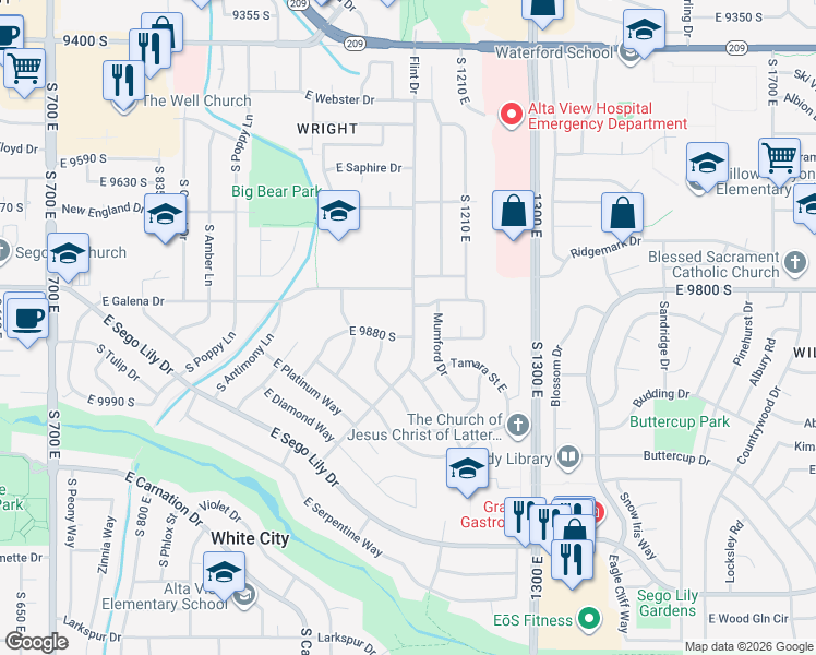map of restaurants, bars, coffee shops, grocery stores, and more near 9868 Flint Drive in Sandy