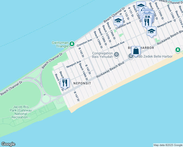 map of restaurants, bars, coffee shops, grocery stores, and more near 2-25 B 143 Street in Queens