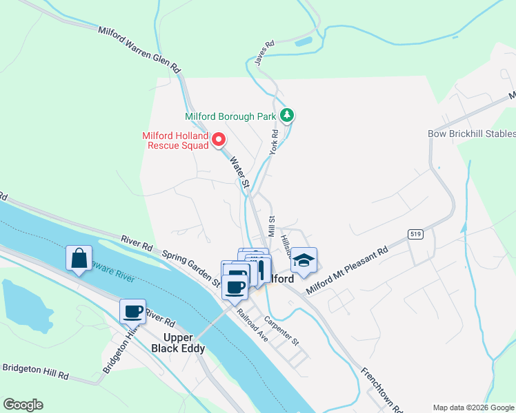 map of restaurants, bars, coffee shops, grocery stores, and more near 92 Water Street in Milford