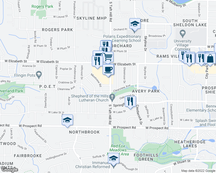 map of restaurants, bars, coffee shops, grocery stores, and more near 1125 South Taft Hill Road in Fort Collins