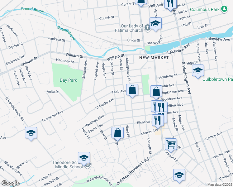 map of restaurants, bars, coffee shops, grocery stores, and more near 221 Tabb Avenue in Piscataway